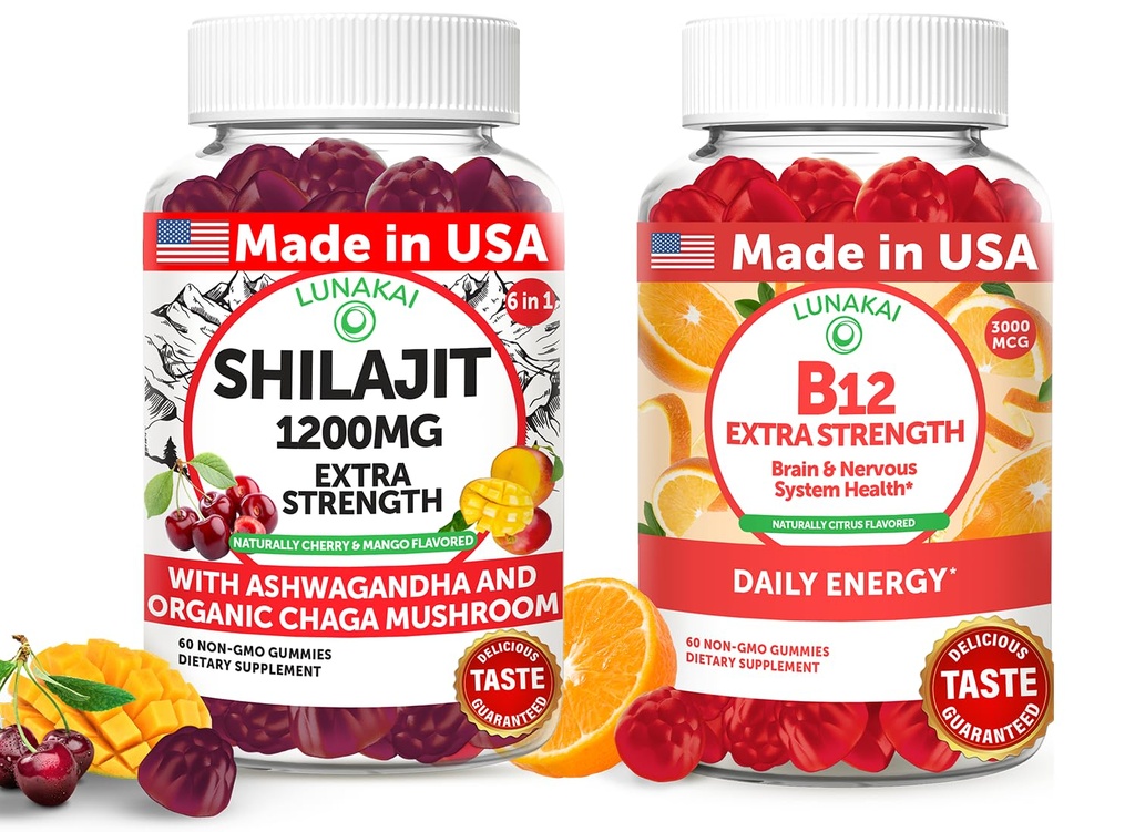 Lunakai USA Made Shilajit & B12 Extra Strength Gummies Bundle - energia, fookus ja igapäevane heaolu - Vegan & Delicious