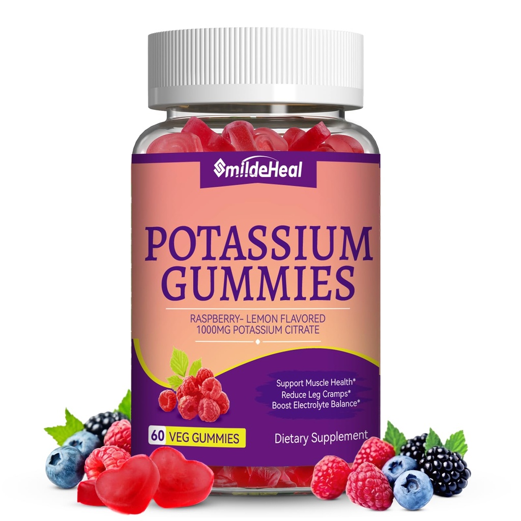 Kaaliumkummid, näritav kaaliumilisandi 1000mg täiskasvanutele, tugijala krambid ja lihaste tervis naistele ja meestele - suhkruvaba, Vegan, 60 krahv