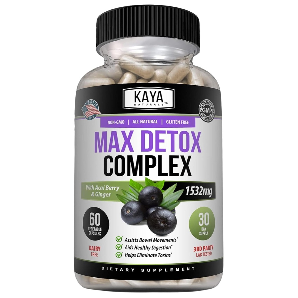 Kaya Naturals Max Detox Taimne täiendus - Looduslikud koostisosad 1532 mg - Psyllium Powder, Acai Berry Extract, Ingveri juur 60 Count