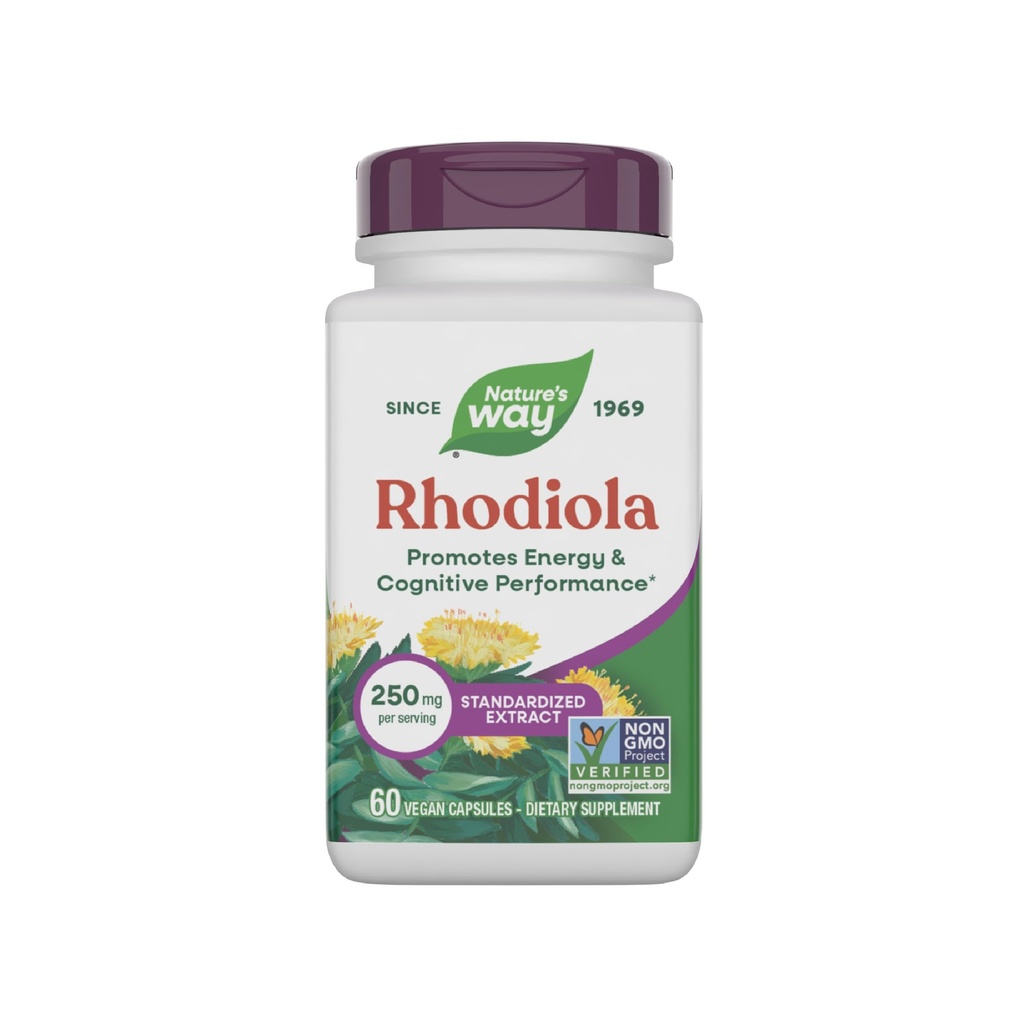 Nature's Way Rhodiola Premium ekstrakt, 250 mg portsjoni kohta, toetab energia ja kognitiivset jõudlust *, Adaptogeenset ürti *, mitte-GMO projekti kontrollitud, vegan, gluteenivaba, 60 kapslit (pakendamine võib varieeruda)