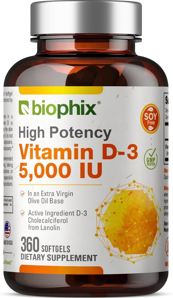 Biophix Vitamiin D-3 5000 IU 360 Softgels - kõrge potentsi ekstra neitsioliiviõli Mitte-GMO Soja-Free toetab Tugevad Luud Immuuntervise