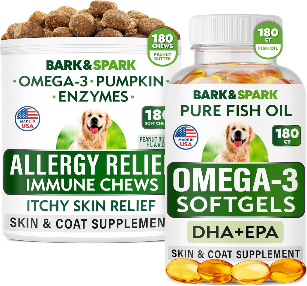 Allergy Relief + Omega 3 Bundle - Anti-Itch Skin & Coat Supplement + Nahaallergia - Omega 3 Kalaõli + EPA & DHA Rasvhapped - Itching & Paw Licking + Joint Health - 180 Chews + 180 Softgels - Valmistatud USAs