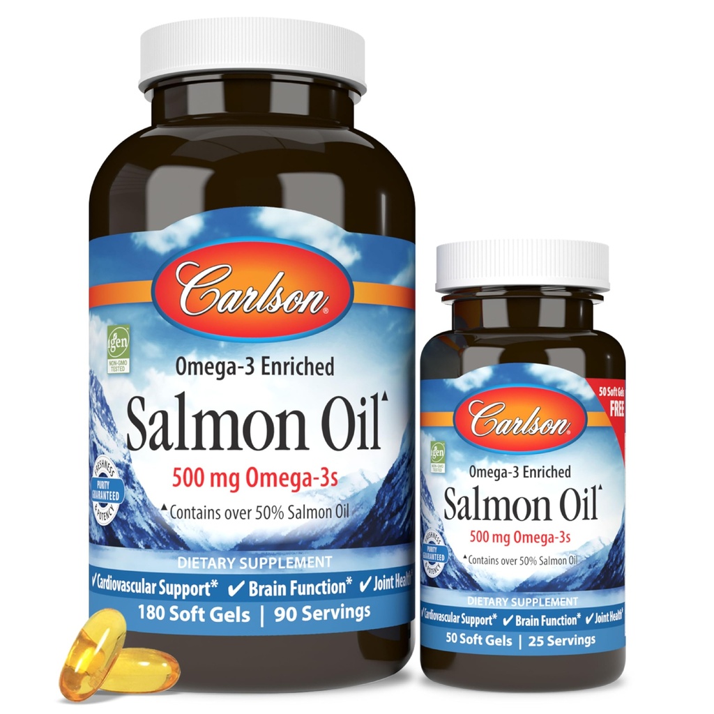 Carlson - Norra lõheõli, 500 mg Omega-3s, Norra lõheõli lisand, looduslikult püütud oomega 3 lõheõli kapslid, jätkusuutlikult hangitud, aju, süda ja liigeste tervis, 180+50 Softgels