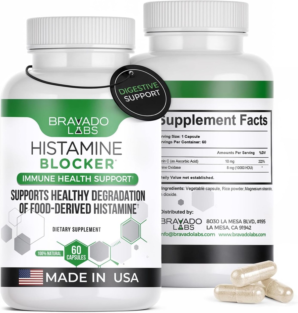 Histamiini Blockeri toidulisandid - DAO Ensüümi valem ja C-vitamiin - igapäevane toetus histamiini talumatusele ja immuuntoetusele - DAO toidulisandid Histamiini Blocker - 60 kapslit - valmistatud USA-s