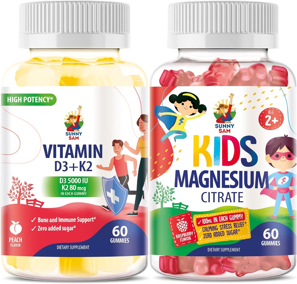 SUNNY SAM Vitamiin D3 K2 Gummies 5000 IU & Magneesium Gummies lastele tsitraadi närimistable toidulisand meeleolu ja lihaste toetamine