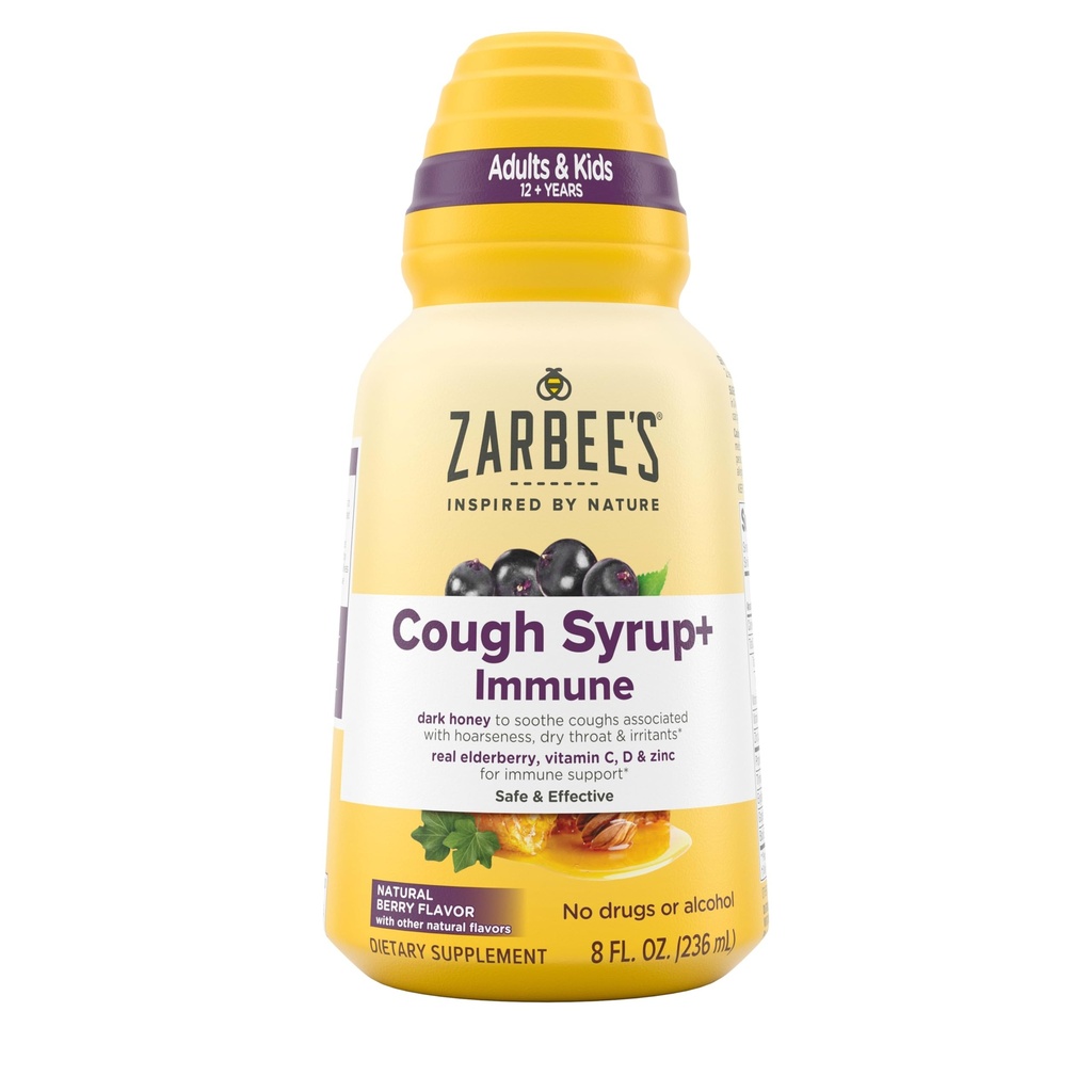 Zarbee's Naturals Full Daytime Cough Syrup + Immune koos Dark Honey, Real Elderberry, Vitamiin C, D & Zinc, 8 oz Pudel