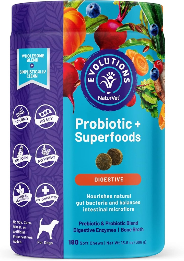 NaturVet Evolutions Probiootikumid ja Superfoods 90ct Pehmed närimiskoogid koertele - prebiootikumid ja probiootiline segu, seedeensüümid, luupuljong, oomega - toidab looduslikke soolestiku baktereid ja soolestiku mikrofloorat