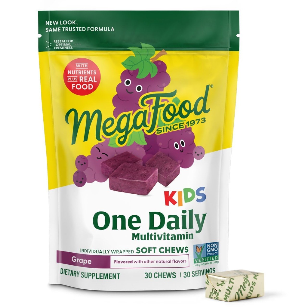 MegaFood Kids One Daily Multivitamiin Soft Chews - Laste vitamiinid B-vitamiini, C-vitamiini, D-vitamiini ja E-vitamiiniga - vanus 4+, taimetoitlane, valmistatud ilma 9 toiduallergeenideta - viinamarjamaitse - 30 närimist