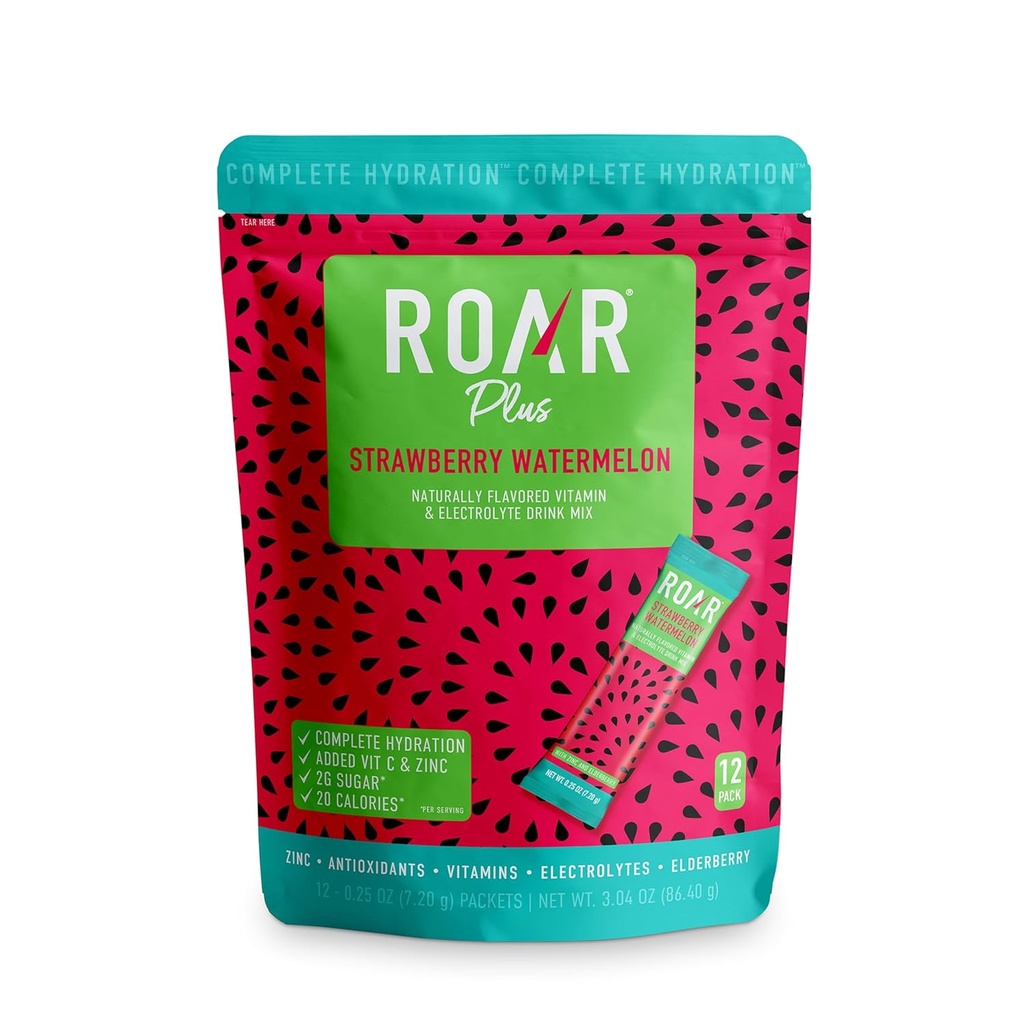 Roar Complete Hydration Powder Plus - Hüdratsioonipaketid tsingi ja leedrimarjaga - Elektrolüütide pulber nr GMOd, Gluteenivaba - Troopiline keerdumine - 12 tk
