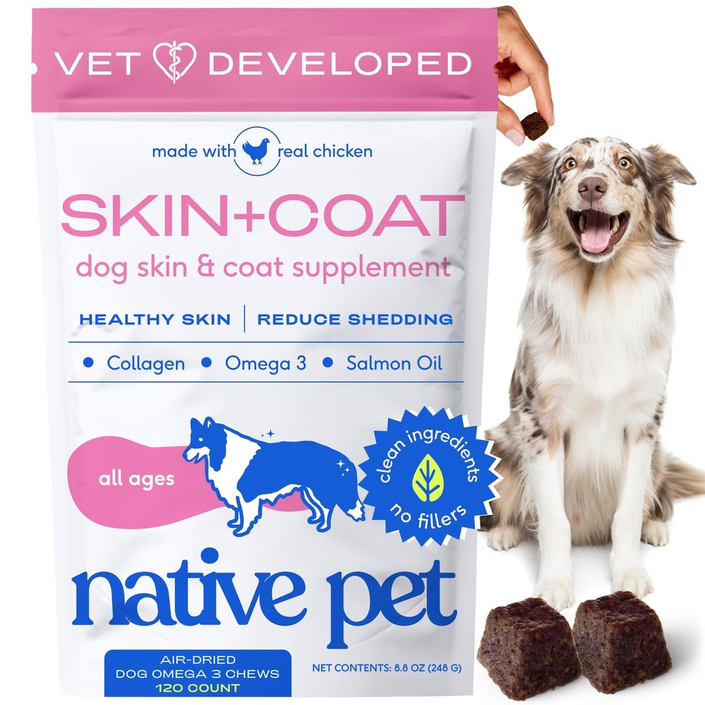 Native Lemmiklooma Omega Naha ja Coat Chews koertele - Koer Naha ja Coat Supplement terve, läikiv karusnahk, Vähendada Shedding ja kuiv laigud - Valmistatud Omega 3 kalaõli ja looduslikult püütud lõheõli - 120 närimist