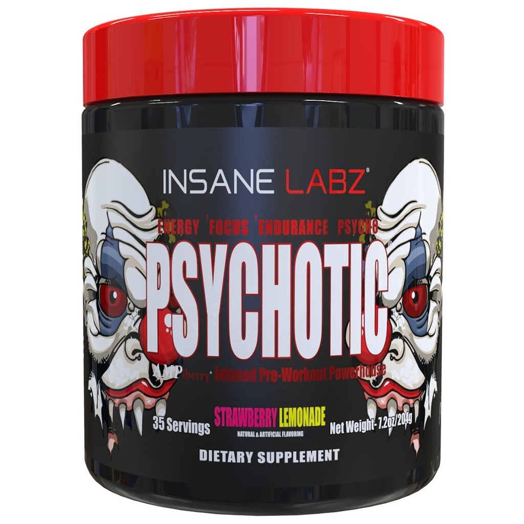 Insane Labz Psychotic, High Stimulant Pre Workout Pulder, Extreme Lasting Energy, Fookus ja vastupidavus beeta-alaniin, Kreatiin Monohüdraat, DMAE, 35 Srvgs (Maasikas Lemonaadi)