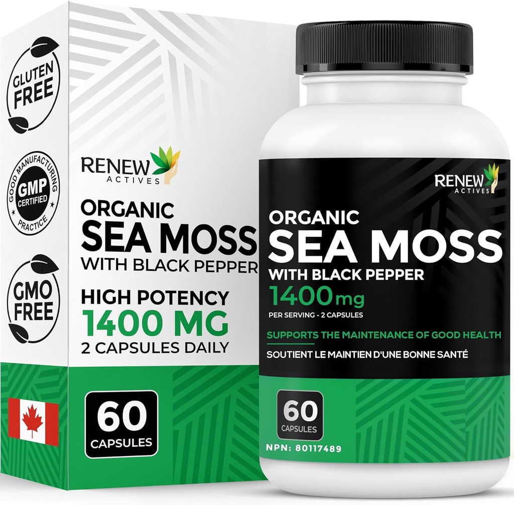 Renew Actives Sea Moss Triple-Action Antioxidant Blend with BioPerine – Organic Irish Sea Moss 500MG, Bladderwrack 500MG & Burdock Root 400MG per 2 Capsules – Made in Canada - 60 Capsules