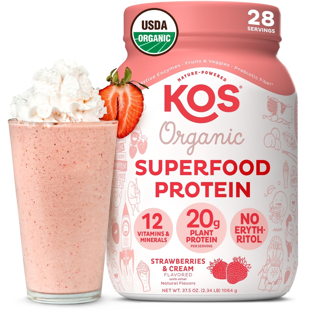 KOS Veganvalgu pulber, maasikad ja kreem USDA orgaaniline - madala süsivesikusisaldusega hernevalgu segu, taimepõhine supertoit vitamiinide ja mineraalidega, gluteenivaba - toidu asendamine naistele ja meestele - 28 serveerimist