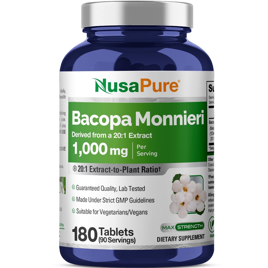 NusaPure Bacopa Leaf Monnieri ekstrakt 20 000 mg 180 tabletti (ekstrakt 20: 1, mitte-GMO, Gluteenivaba)
