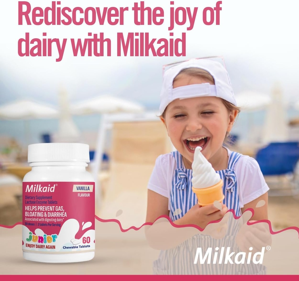 Milkaid Junior Flavor Pack | Aitab ära hoida gaasi, puhitust, kõhulahtisust lastel | Kiire toimega piimaseedelisand lastele | 180 tabletti