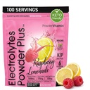 PowderVitamin Electrolytes Powder Plus (100 Servings) Vaarika Lemonaad Elektrolüüt Pulber, nullkalorit, Keto, nullsuhkrut, No Maltodekstriin, 1000mg Kaalium, 120mg Kaltsium, 120mg Magneesium, Hüdratsioon
