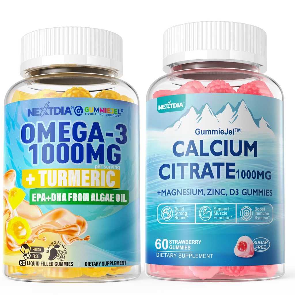 1Pack Sugar Free Kaltsiumtsitraat, magneesiumtsitraat ja 1Pack Vegan Omega-3 Gummies 1000mg + Kurkum