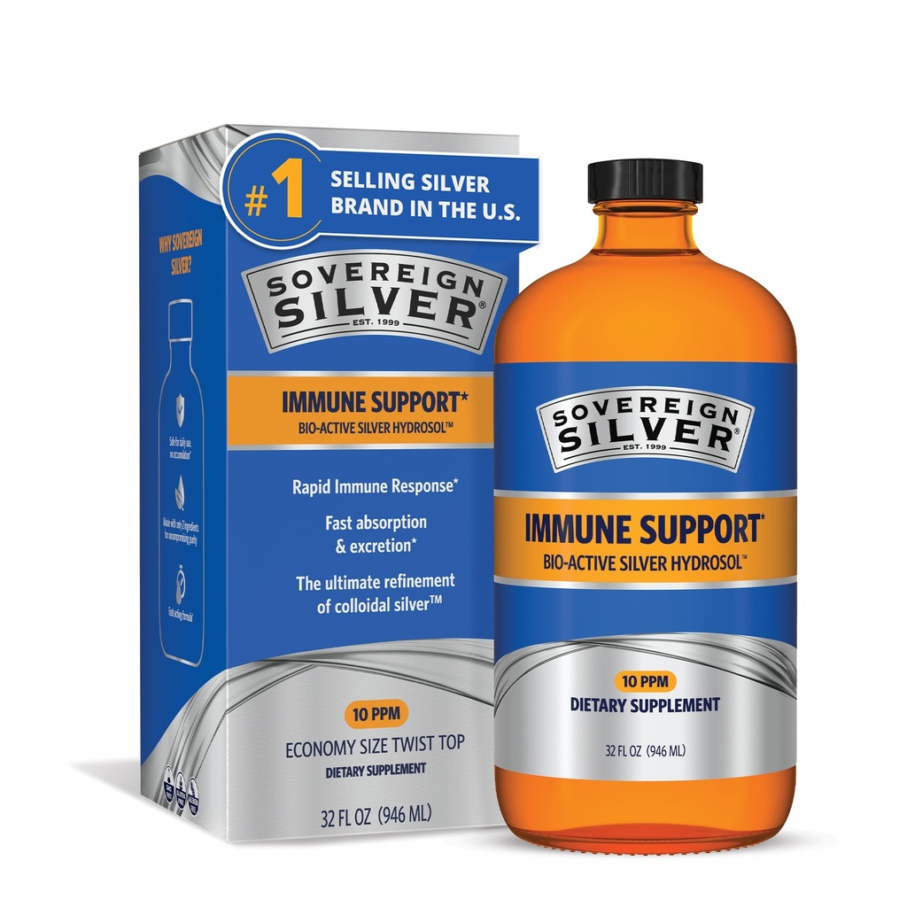 Sovereign Silver Immune Support - Kolloidhõbe, Bio-Active Silver Hydrosol, 10 ppm, Vedel Twist Top, 32 Fl Oz, (946 ml)