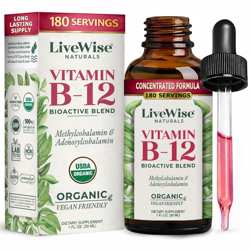 LiveWise Naturals B12 Vitamiin tilkab mitte-GMO-d, orgaanilist bioaktiivset segu energia, selguse, fookuse ja lihtsa imendumise jaoks, adenosüülkobalamiini ja metüülkobalamiini lisandit, veganit, gluteenivaba, piimavaba