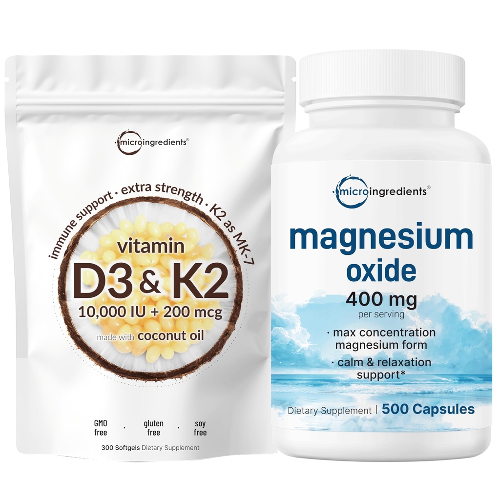 Mikrokoostisosad Vitamiin D3 10 000iu + K2 200mcg Kookosõli Softgels & Magneesiumoksiid 400mg Komplekt | Olulised päikesepaiste vitamiinid | Max kontsentratsiooni elementaarvorm