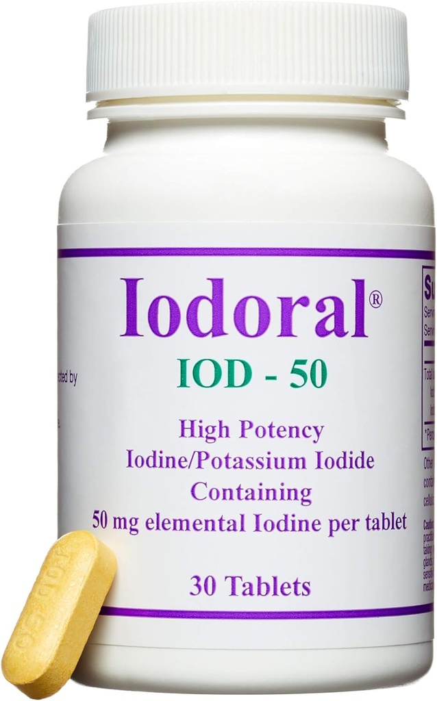 Optimox Iodoral 50 mg täiendus - kaaliumjodiidi tabletid, kõrge tugevusega jood, toidulisandid kilpnäärme toetamiseks, Lugoli joodi lahus - 30 loend