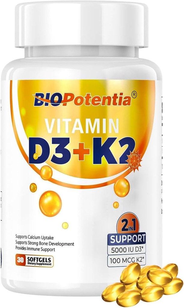 Vitamiin D3 K2 koos MCT õlilisandiga, vitamiin D3 5000 IU ja K2 100MCG (MK7), toetab immuunsüsteemi, luude ja hammaste tervist - gluteenivaba mitte-GMO - 30 Softgels