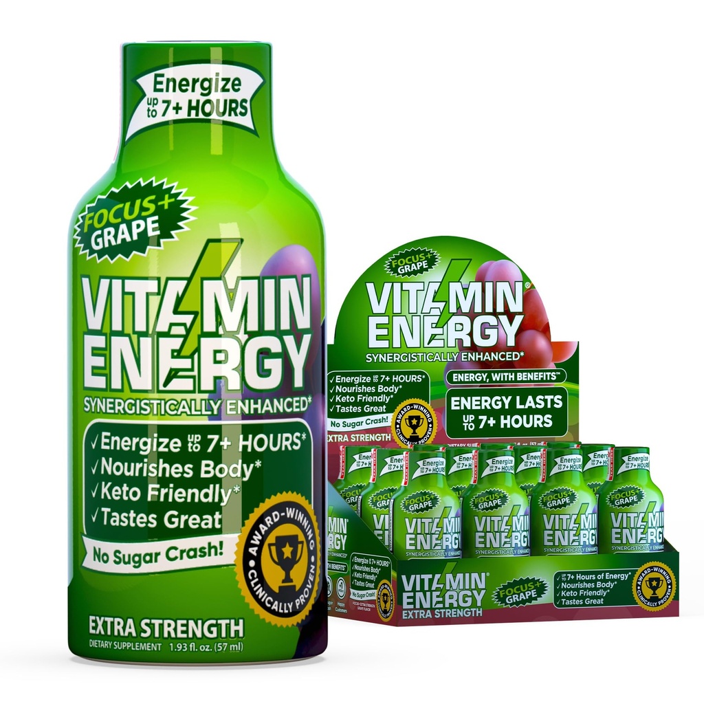 Vitamiinienergia fookus + ekstra tugevus Energia Shot Grape 12 Pack, 260mg looduslik kofeiin, B-vitamiinid, CoQ10, aminohapped, fookus, tootlikkus ja selgus, nullsuhkur, gluteenivaba, 1,93 fl oz
