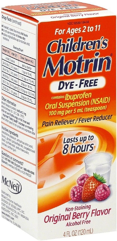 Motrin laste värvivaba valu leevendaja / palaviku vähendaja, originaalne marjamaitse 4 Oz (3 pakend)