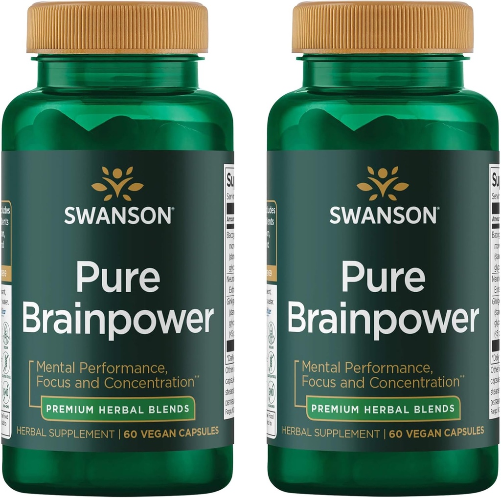 Swanson Pure Brainpower Brain Health Cognitive Mälu Fookuse toetamine Aju poolt toodetud neurotroofne faktor (BDNF) Taimne täiendus (Ginkgo Biloba, Bacopa Monnieri) 60 Veggie kapslit (Veg Caps) (2 Pack)
