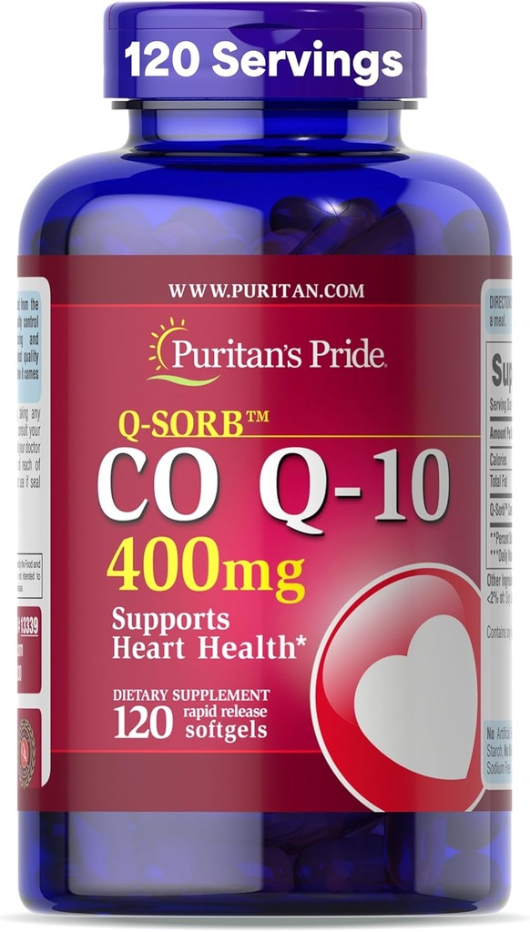Puritan's Pride CoQ10 400mg, toidulisand südame tervise, vererõhu, suukaudse igeme tervise ja tervisliku vananemise toetamiseks, 120 päeva pakkumine, kiire vabanemisega pehmed softgelid