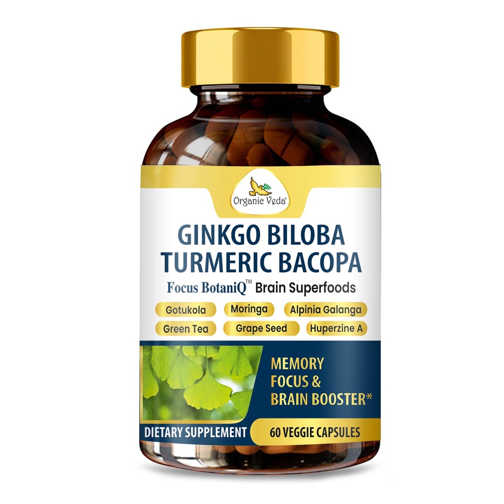 Orgaaniline Veda Ginkgo Biloba Turmeric Bacopa Aju Täiendus Mälu, Mood & Focus Ashwagandha - Kontsentratsioon, Energia Ja Aju Suurendaja, Tervislik liigeste Ja Ringlus Toetus - 60 Vegan Kapsel