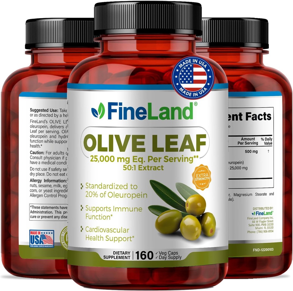 FineLand Olive Leaf Extract 50x – 25 000mg Eq. per Serving | 160 Vegan Caps, Olive Extract koos 20% Oleuropein | Taimne antioksüdandi täiendada vereringe ja immuunsüsteemi tugi, valmistatud USAs