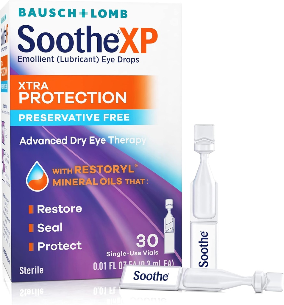 Soothe XP säilitusainete vabad silmatilgad, Xtra kaitse määrduvad silmatilgad kuivadele silmadele, leevendab ärritust ja kaitseb pisarakaotuse eest, täiustatud kuiva silma teraapia, ühekordse kasutusega viaalid, 30 loend