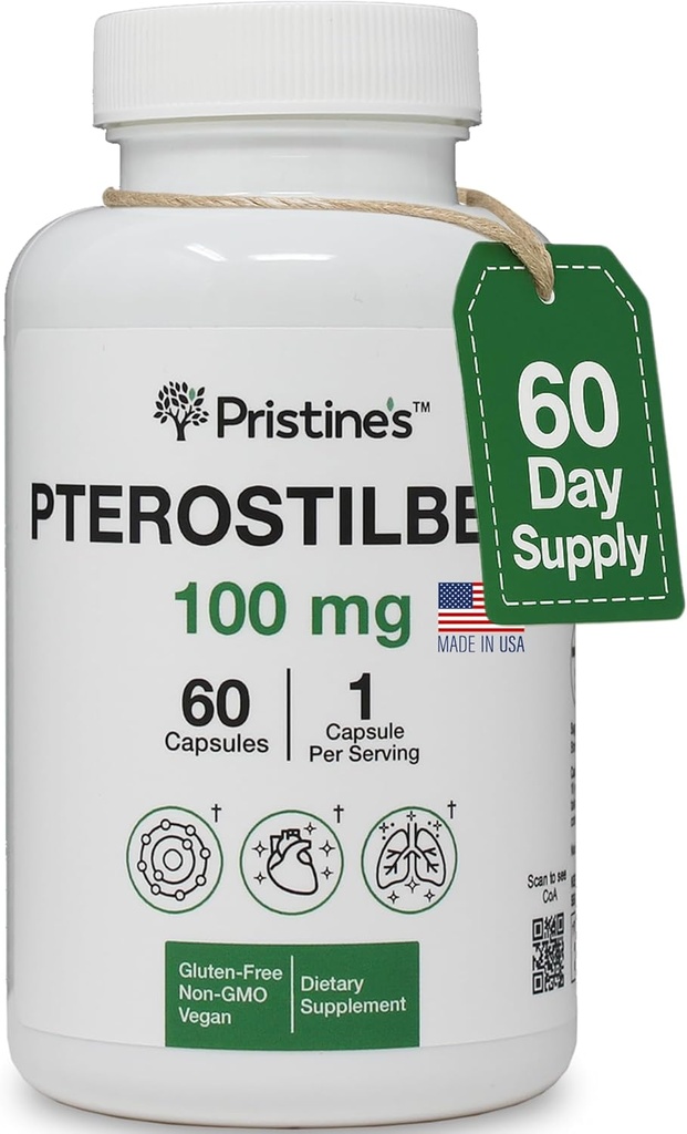PRISTINE's Pterostilbene 100mg vananemisvastased lisakapslid - 60-päevane pakkumine - kopsude tervis ja vaimne selgus Antioksüdandid - kõrge biosaadavus Vegan Non GMO