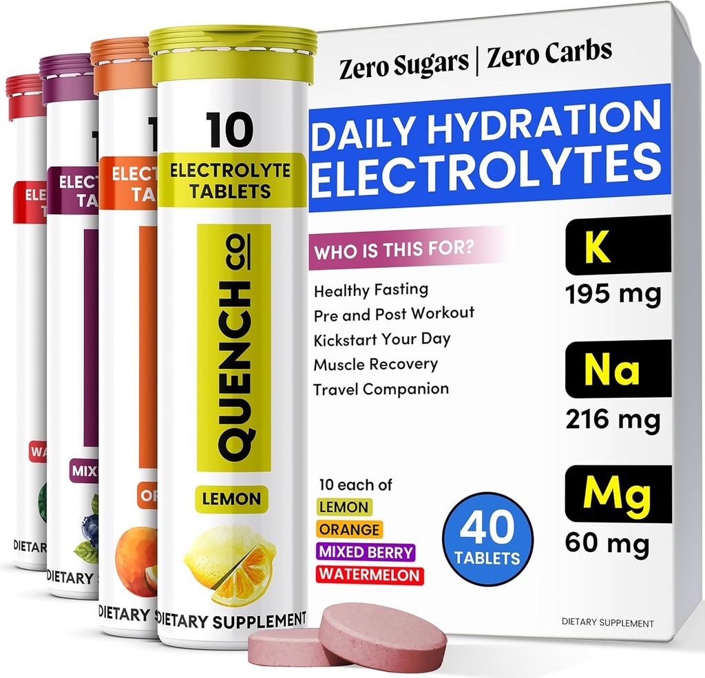 Quench Electrolyte tabletid 40 loe kiirhüdraatumist, elektrolüüte, paastuvaid elektrolüüte ei ole suhkur optimaalseks hüdratsiooniks, mitte pulber - arbuus, apelsin, segatud marjad, sidrunimaitsed