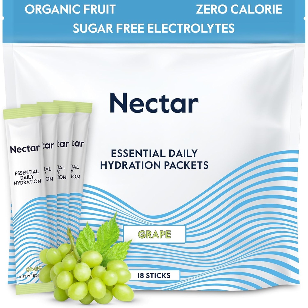 Nectar Hydration Packets - Electrolytes Powder Packets - Sugar Free & 0 Calorie - Organic Fruit Vedel Daily IV Hydrate Sticks for Dehüdration Relief & Rapid Rehüdration (Grape 18 Pack)