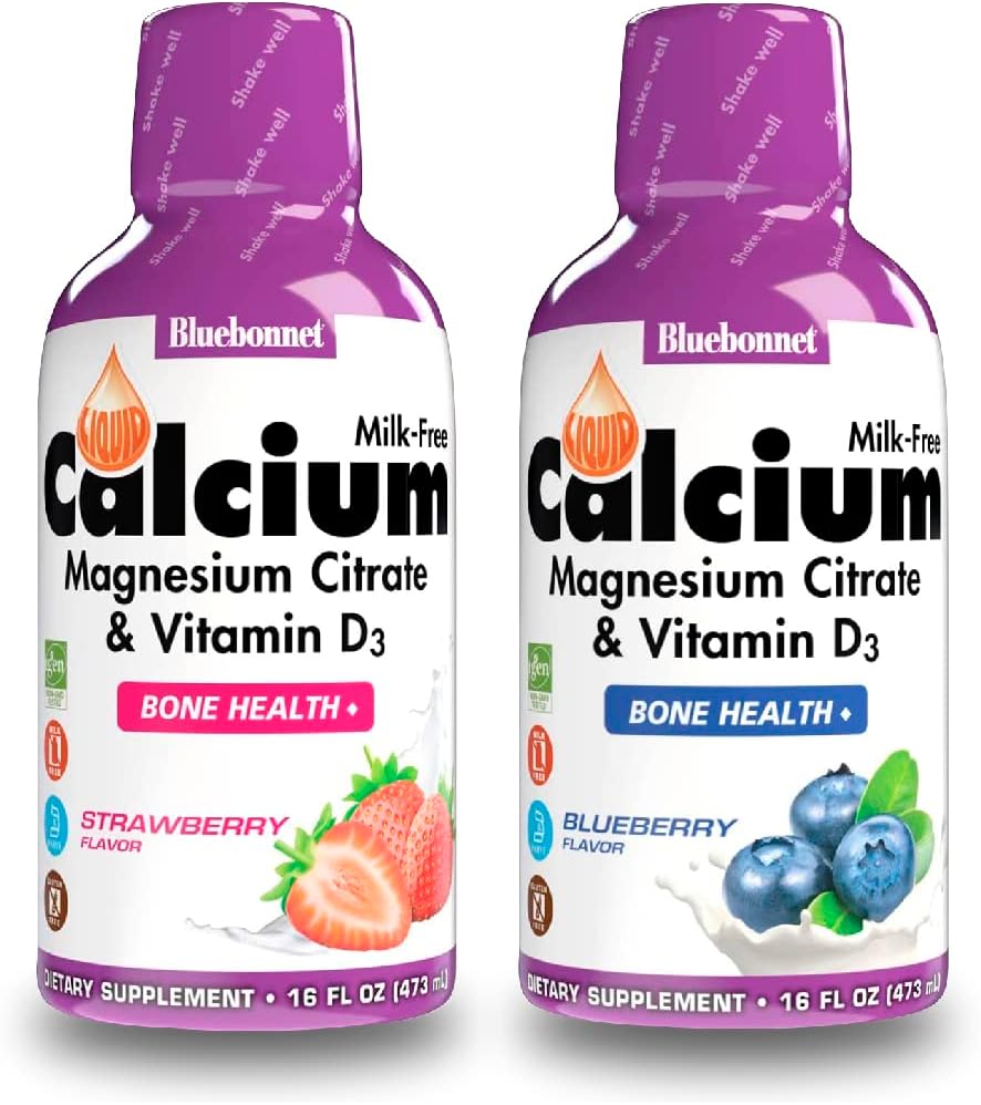 Bluebonnet Nutrition Vedel Kaltsiumtsitraat Magneesiumtsitraat, vitamiin D3- Bundle mustikamaitse ja maasikamaitse, 2 pudelit 16 Fl Oz iga (32 Fl Oz kokku)