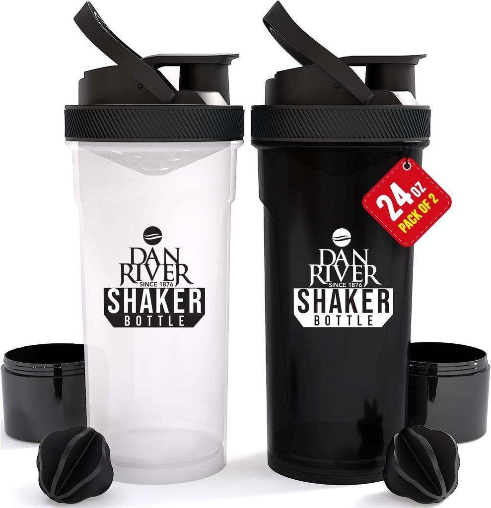 DAN RIVER 2-Pack Shaker Bottle | 24oz Plastvalgu Shaker & Mixer | Twist & Lock disain smuutidele ja valgusegudele | Vastupidav, lekkiv, kergesti puhastatav | Selged ja mustad raputuspudelid jõusaalile