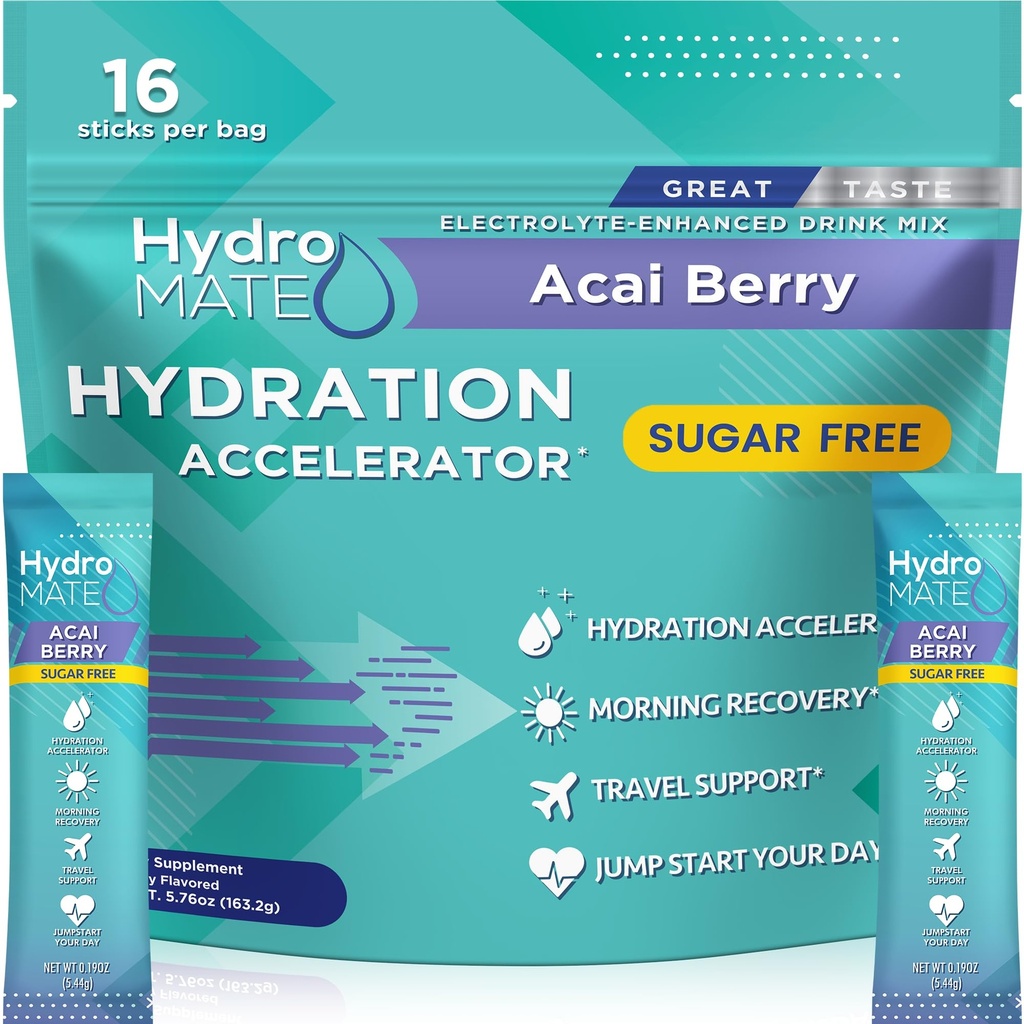 Elektrolüütpulber Suhkruvaba hüdratatsiooni pakendid Acai Berry HydroMATE 16 Pulgad
