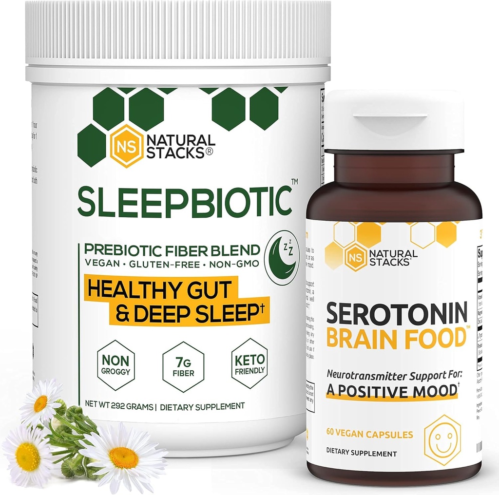 Natural Stacks Supplements Bundle - SleepBiotic Prebiotic Fiber (292g) + Serotonin Supplement (60caps) - meeleolu ja energia suurendamiseks, vaimse tervise, soolestiku tervise ja parema une jaoks