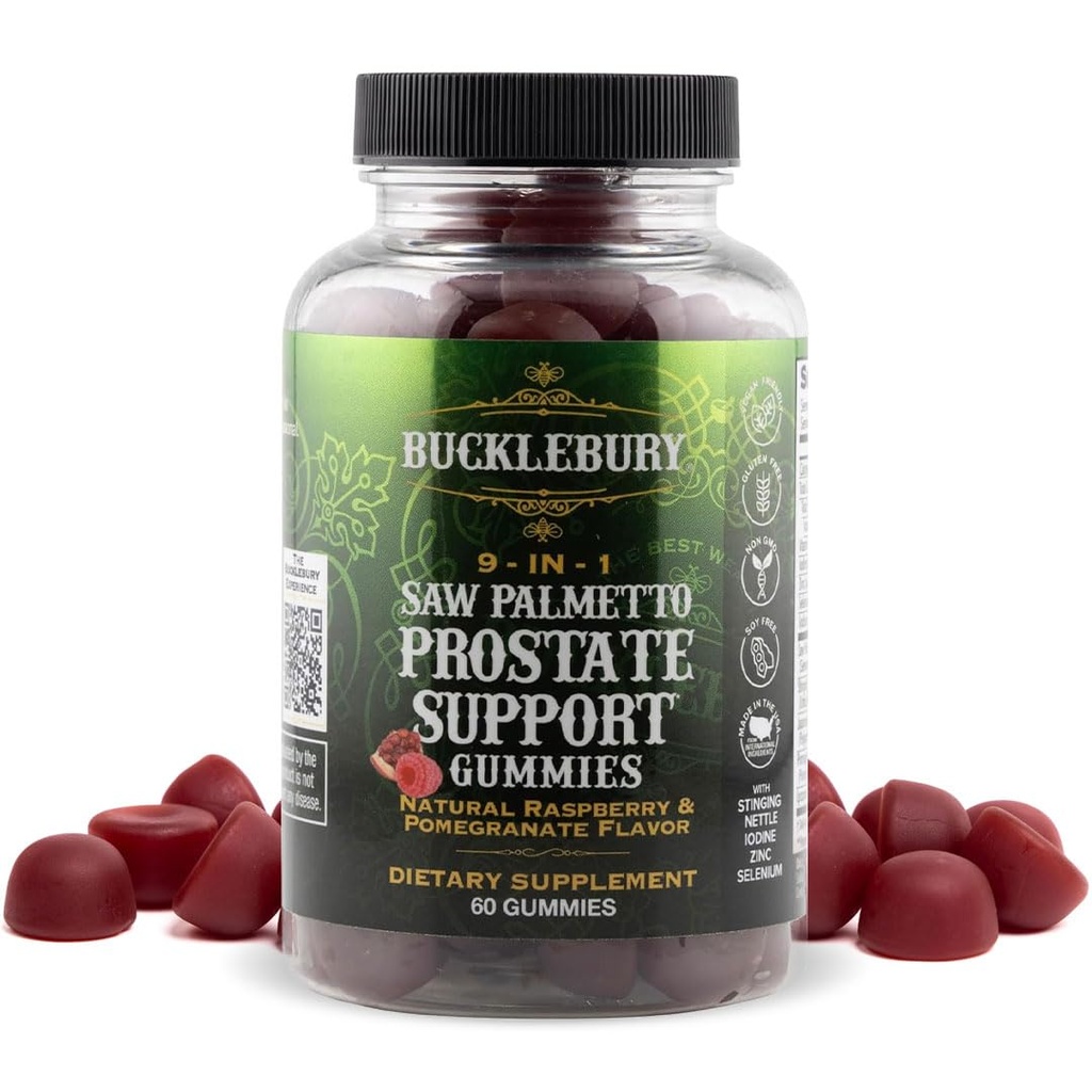 BUCKLEBURY 9-in-1 Natural Saw Palmetto Gummies koos Vaarika & Granaatõunamaitse - Taimne eesnäärme tugi toidulisandeid meeste põie tervise, juuste kasvu ja kuseteede tugi - 60 Gummies