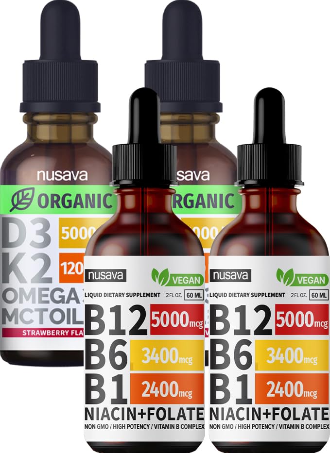 NUSAVA Vitamiin B12 Vedelad tilgad ja Maasikas Maitsestatud D3 K2 Bundle - Tugevad Vedelad Vitamiinid Südame, liigese, Energia Ja Immuunsüsteemi Toetamiseks - Mitte-GMO, Gluteenivaba, 2pk Iga