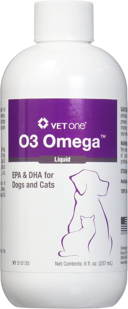 Vet One O3 Omega Vedel EPA & DHA koertele ja kassidele - Naha ja karva täiendus - toetab immuunsüsteemi ja liigeste tervist - 8 oz