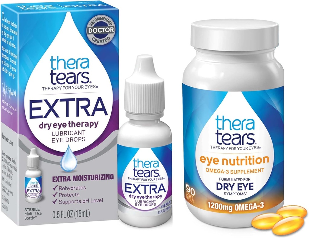 TheraTears 1200mg Omega 3 toidulisand silmade toitumiseks, orgaaniline linaseemnete triglütseriidide kalaõli & VIT E,90 loend silmatilgad, ekstra kuiv silmateraapia, 15 ml,0,5 Fl oz