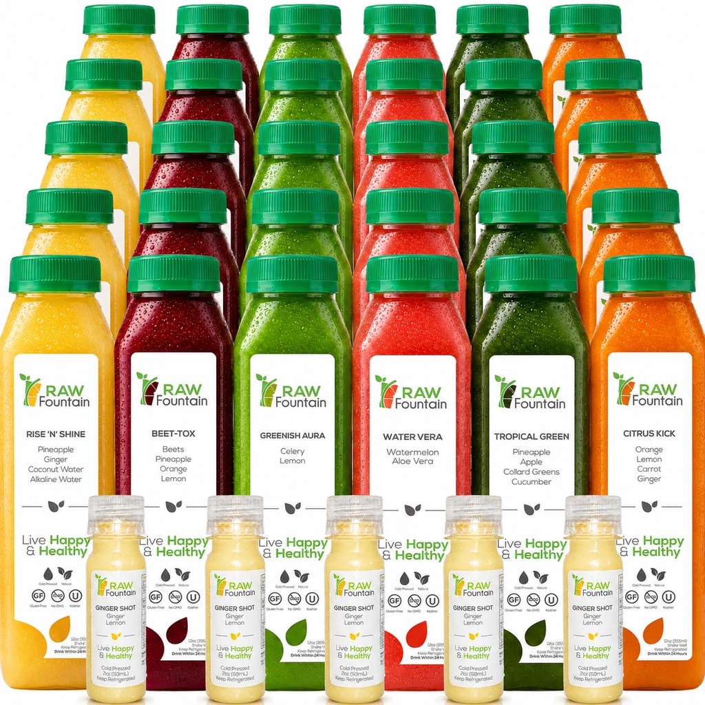 5 päeva mahl puhastab toores purskkaev, troopilised maitsed, kõik looduslikud toored, külmpressitud puuviljad ja köögiviljamahlad, Detox Cleanse, 30 pudelit 12oz, 5 boonus Ginger Shots