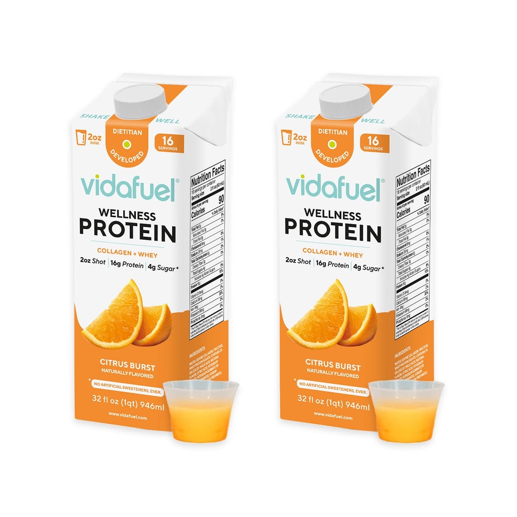 Vidafueli valgujook, 16 g valku 2oz Shot'i kohta, 32 fl oz karp, 2 pakend, tsitrusviljad, kollageen ja vadakujook, kunstlikud magusained puuduvad