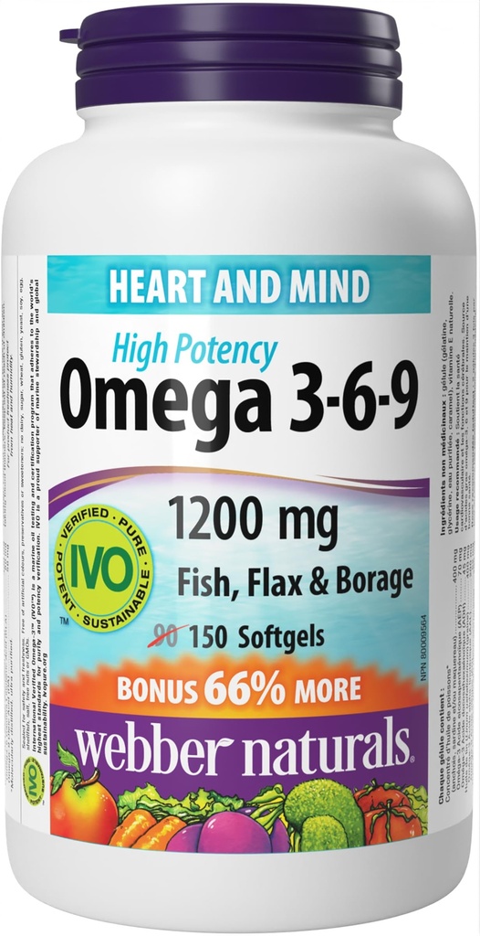 Webber Naturals Omega 3-6-9 linaseemned, kala- ja kurgiõlid 1200 mg, 150 pehmegeeli