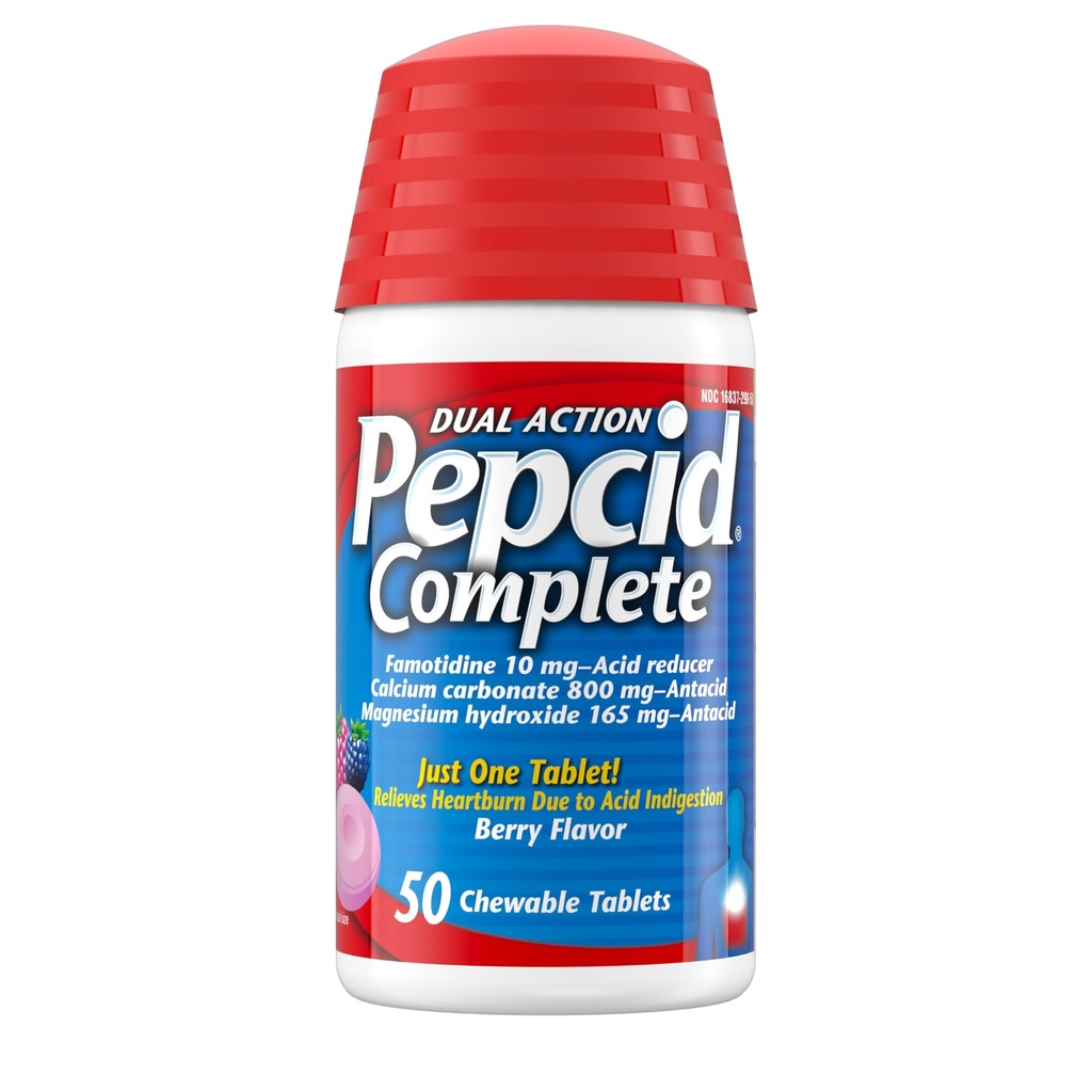 Pepcid Complete Acid Reduktor + Antacid närimistabletid , kõrvetiste leevendamine , Berry , 50 ct ( Pakend võib varieeruda )