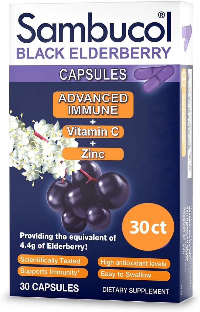Sambucol Black Elderberry kapslid - Advanced Immune, C-vitamiin ja tsink, Elderberry kapslid, Immune Support Supplement, Black Elderberry Supplements, Gluteenivaba, lihtne neelata kapslid - 30 Count