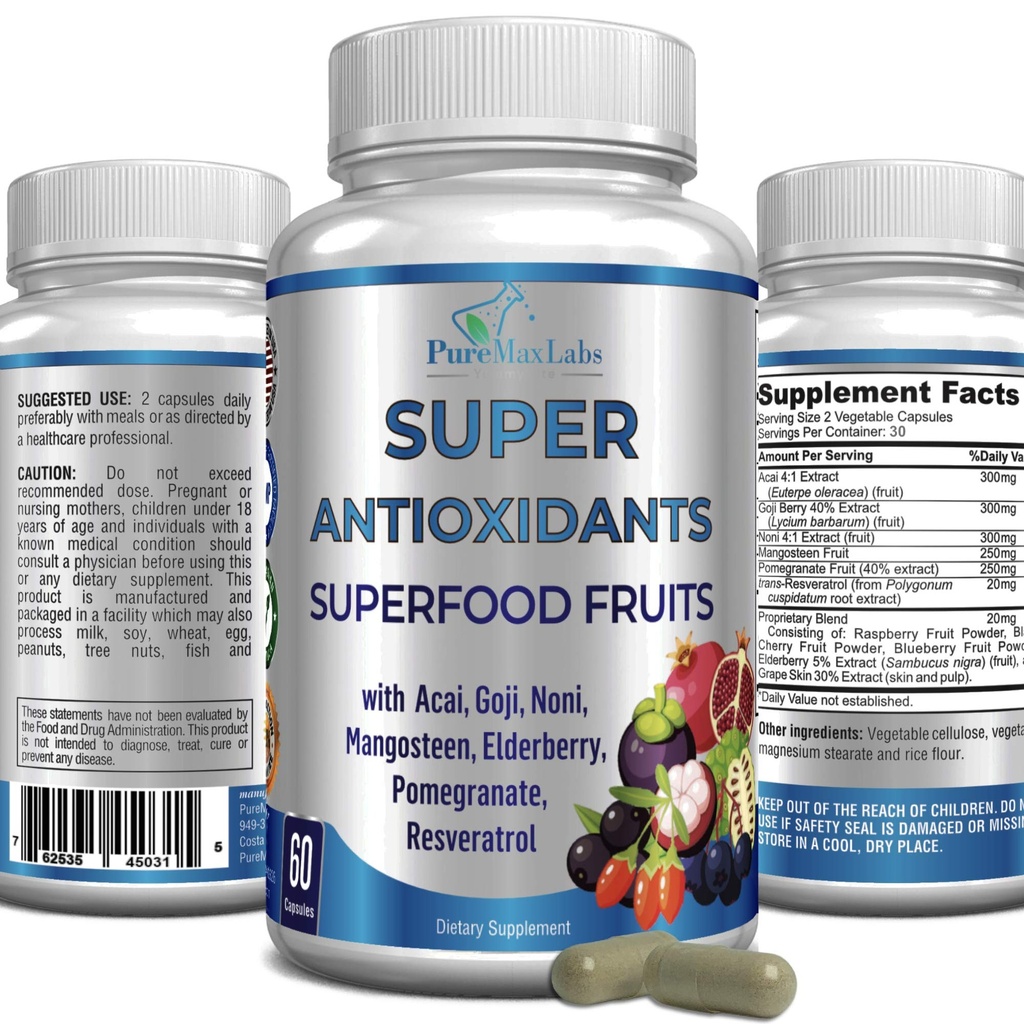 Super Antioksüdant Fruit Superfood Complex - Võimas Antioksüdant Superfruits, Acai, Goji, Noni, Mangosteen, Granaatõuna, Elderberry, Resveratrool, Immune Support, Nahahooldus - 60 kapslit